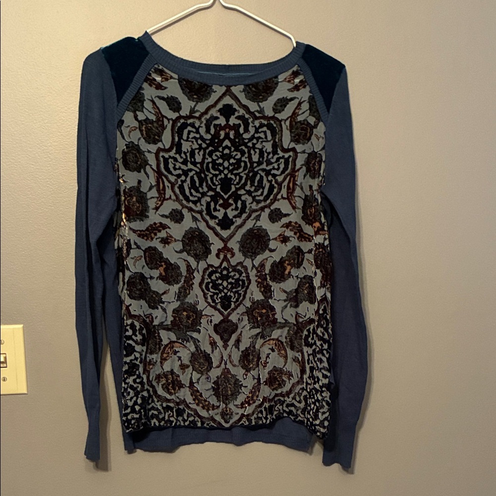 Hale Bob Partial Silk Blue and Black Patterned Sweater